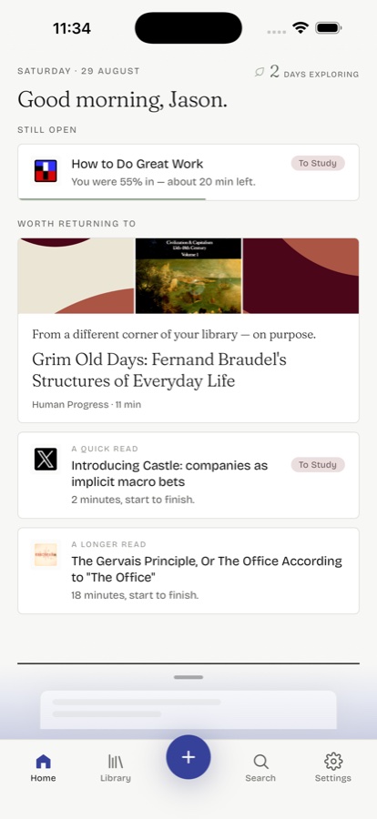 Keepli's iOS Home: the daily ritual page with the stream door at its foot.