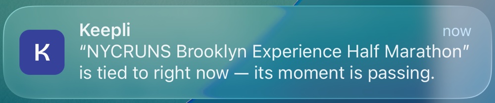 A Keepli morning notification naming a timely Keep.
