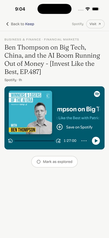 The in-app player on a Spotify podcast Keep.