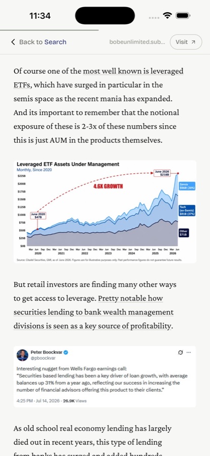The in-app reader showing a clean article view with an embedded tweet rendering in place.
