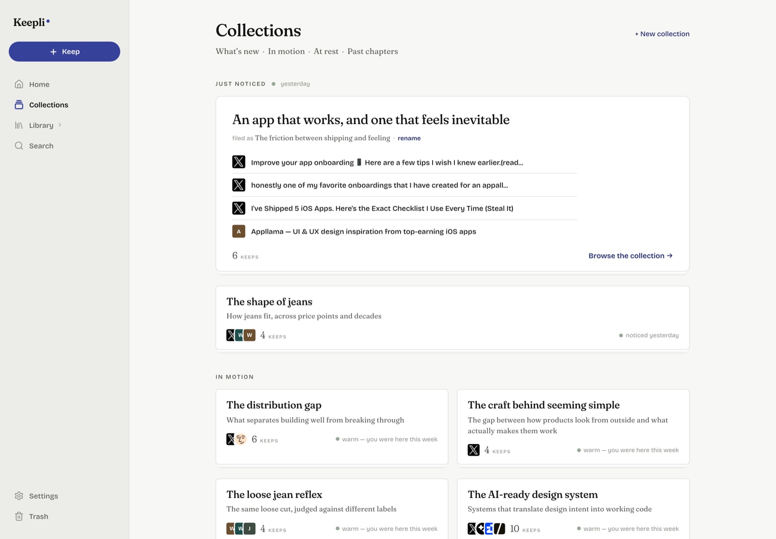 The Collections tab: a newly noticed collection with its observation, and sections for In motion, At rest, and Past chapters.