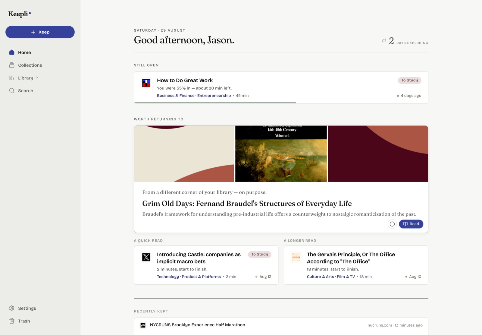 Keepli's web Home: a daily set of picks with stated reasons.