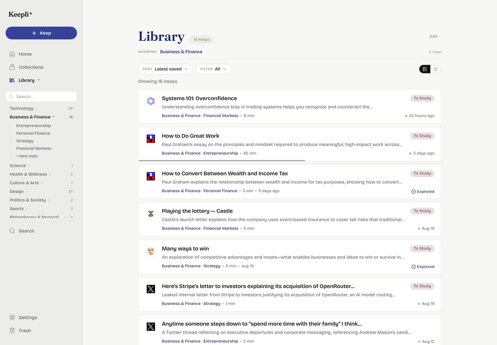 Keepli's web Library: every Keep filed under a living taxonomy.