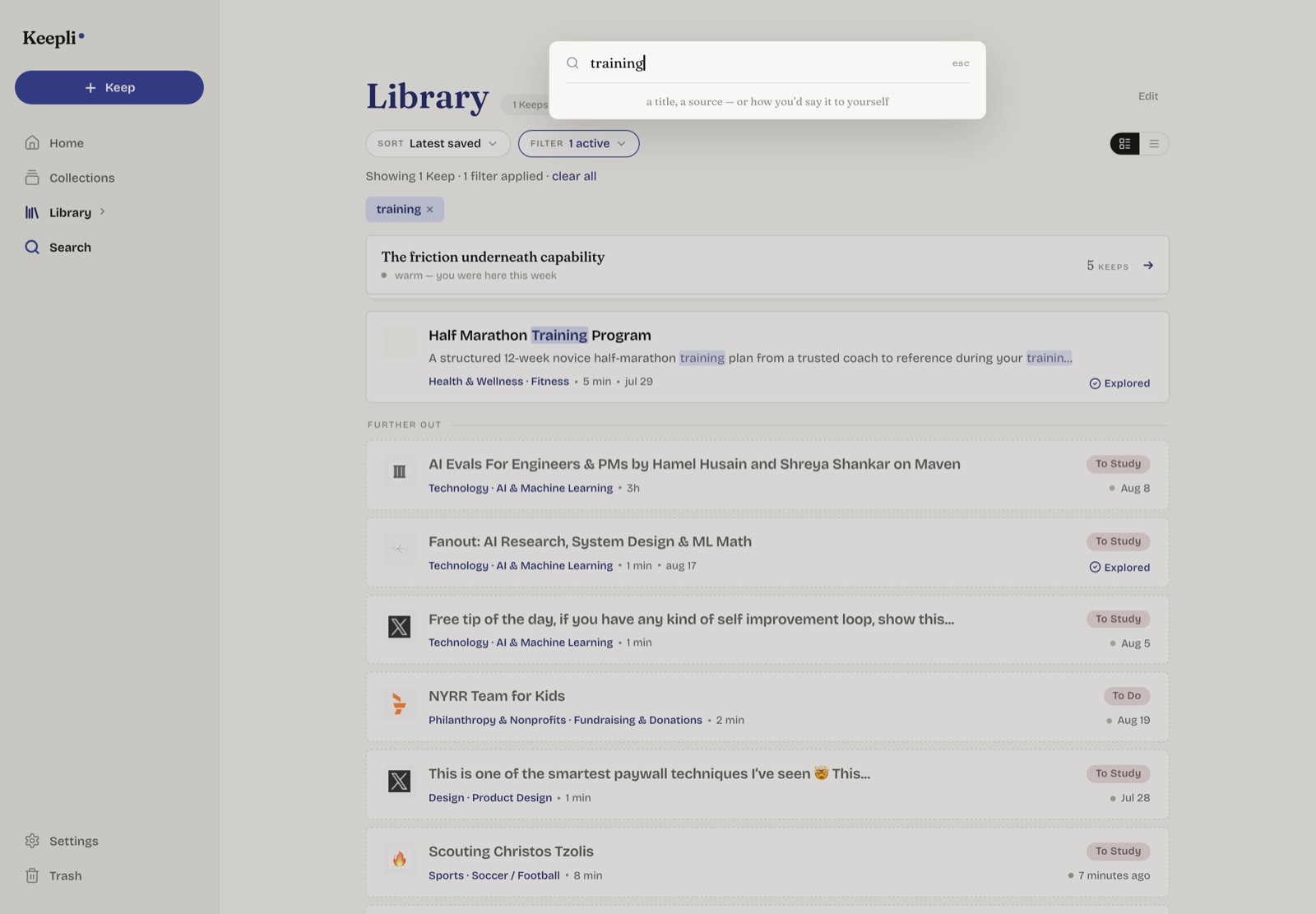 Keepli's web Search: word matches first, meaning-based neighbors below.